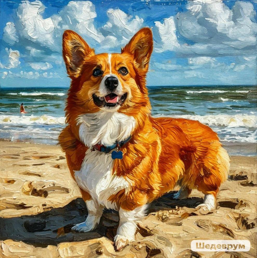 Корги на пляже