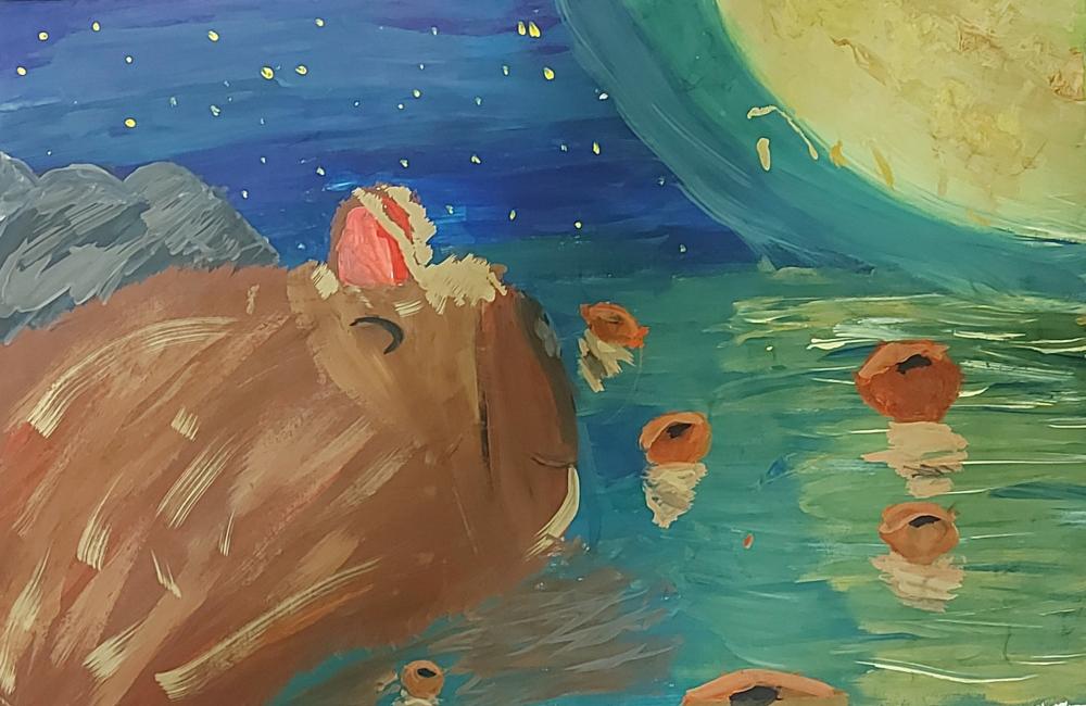 Капибара в ночном водоеме