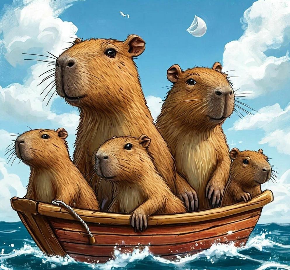 Семья капибар плывущие в лодочке