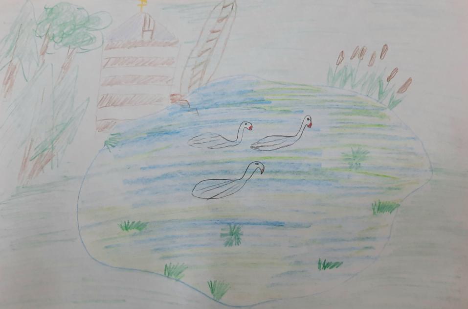 Сказочный пруд с лебедями 