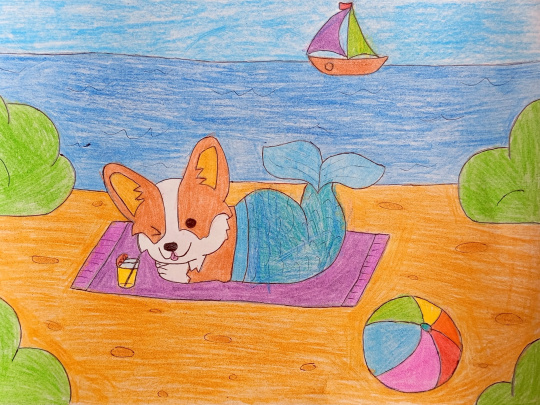 Корги-русалка на пляже